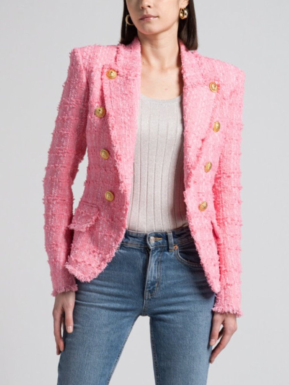 $3400 Balmain Pink Tweed Blazer Gold Tone Button Jacket size FR 38/6